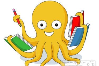octopus reading multiple book in hands