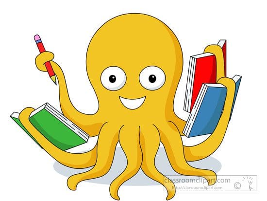 octopus reading multiple book in hands clipart